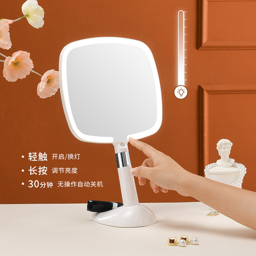 MAY媚彩手持化妆镜随身美妆镜可携式补妆镜led带灯台式补光美容镜