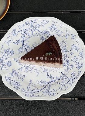 小众设计感vintage蓝色藤曼花盘不规则花边糕点盘陶瓷碟子蛋糕盘