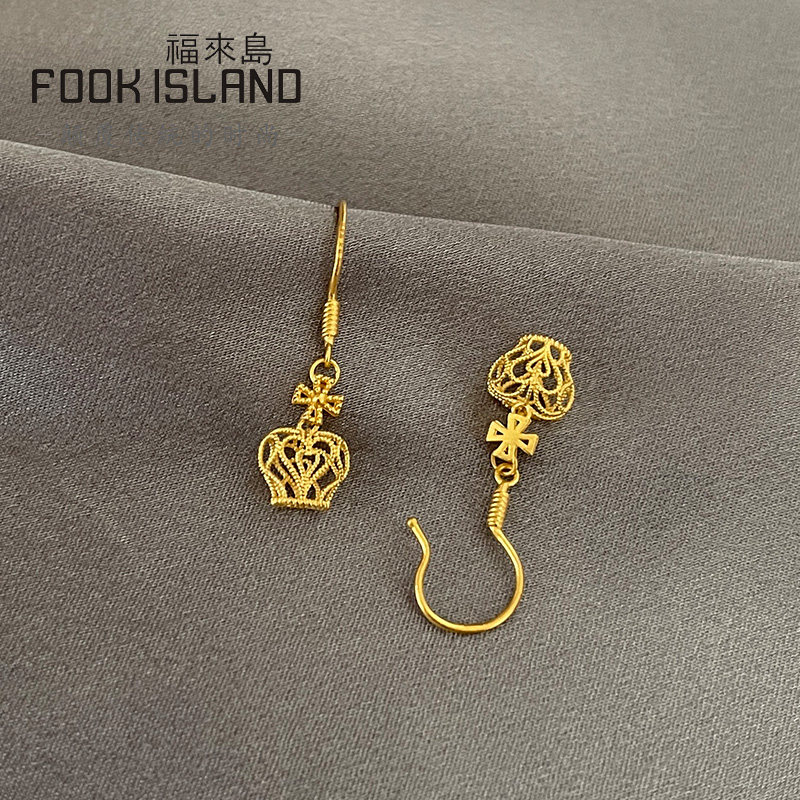 福来岛 黄金耳钉999足金耳环古法金小皇冠耳钩黄金耳坠女士耳饰