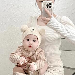 婴儿帽子秋冬季婴幼儿童护耳帽男女宝宝毛线针织帽珊瑚绒可爱针织