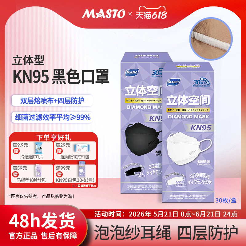 日本Masto一次性KN95防护口罩四层鱼嘴形立体白色黑色透气独立装