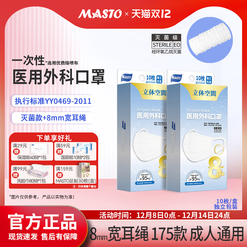 日本Masto一次性医用外科口罩灭菌/非灭菌8毫米柔软耳绳高颜值