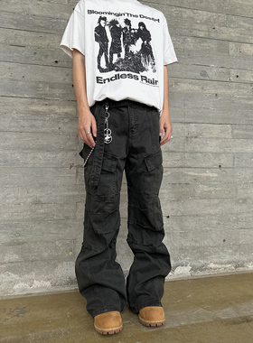 Evoluer重工水洗做旧打褶飘带工装裤dirtyfit脏旧阔腿长裤