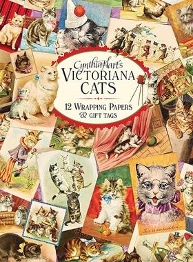 现货 辛西娅·哈特的维多利亚猫:12张包装纸和礼物标签 英文原版 Cynthia Hart's Victoriana Cats: 12 Wrapping Papers and Gift