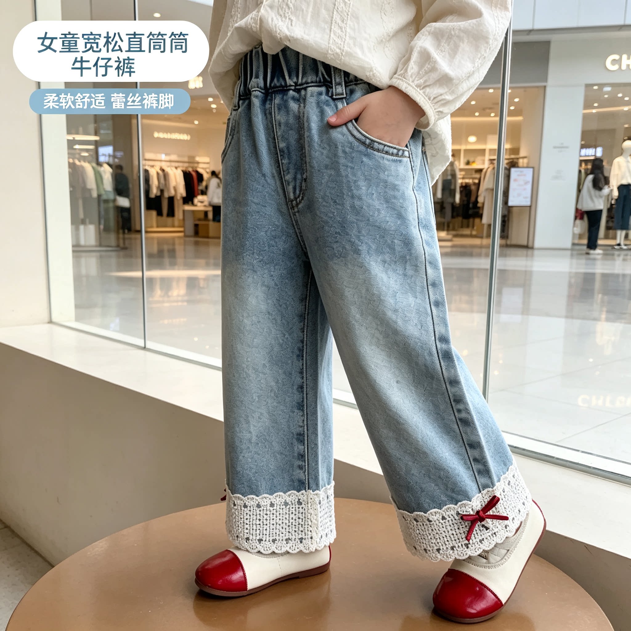 春秋季新款花边蝴蝶结女童牛仔