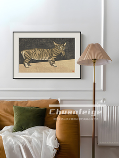 玄关挂画侘寂风走廊过道装 艺术油画猫法式 饰画客厅墙壁画 横款 日式