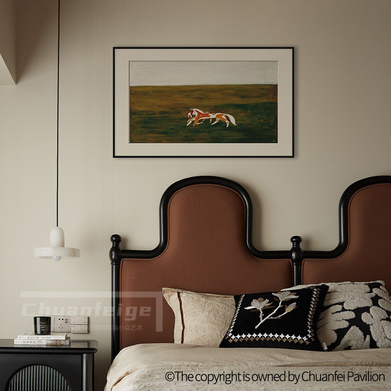 常玉马法式中古风客厅装饰画复古矮柜玄关挂画高级感卧室餐厅壁画