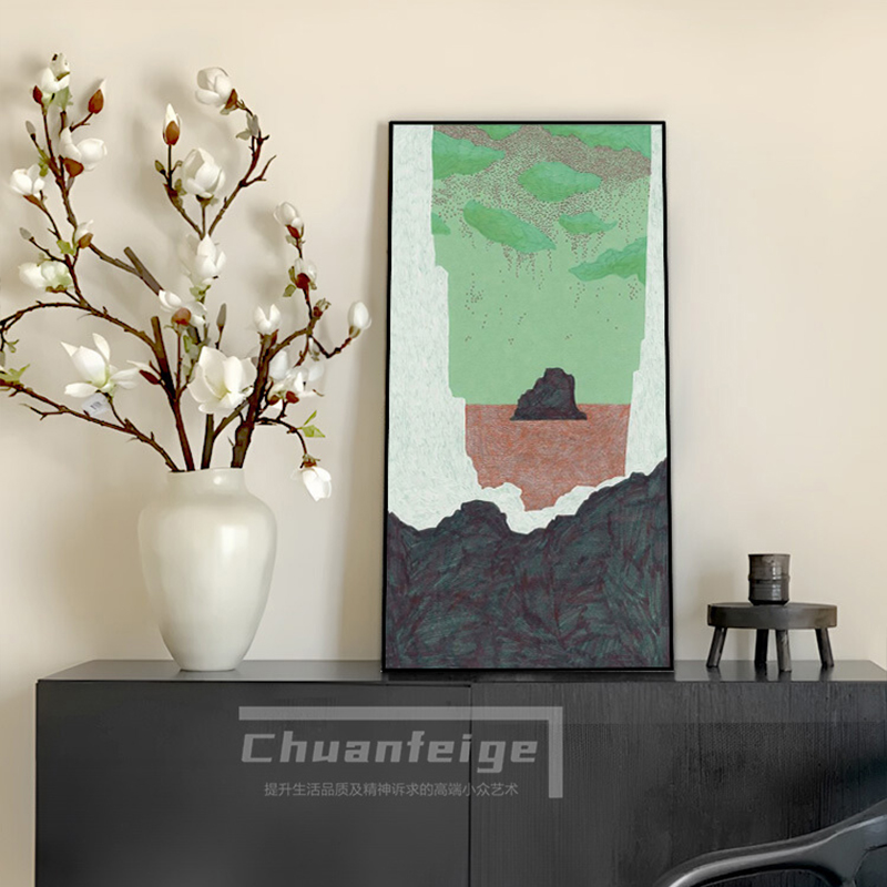 幽香复古文艺竖版玄关柜摆画客厅卧室挂画高级感肌理砂岩装饰画