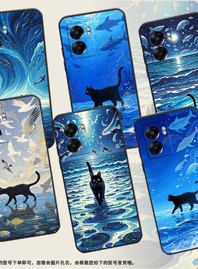 适用OPPOA57手机壳4G2022国外PFTM20硅胶0pp0A76纯黑色CPH2577高级A60/A77防摔5G轻薄A74海面的黑猫保护套