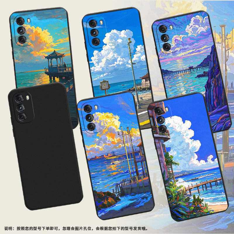 适用MOTOG5G手机壳高级感油画海边G2022磨砂壳MOTOG5GPlus时尚摩托罗拉GPower2022中国风XT2113-2保护套