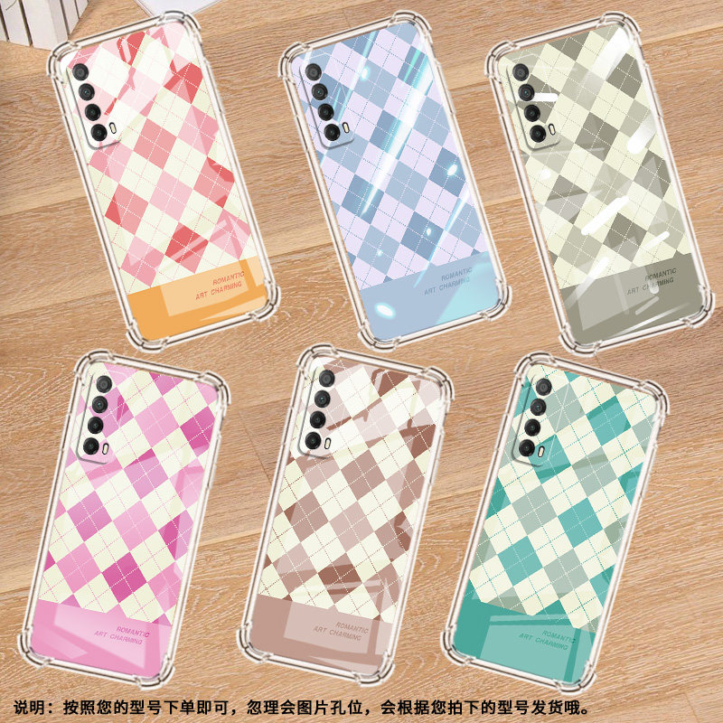 适用华为PSmartZ手机壳Psmart2019防摔华为PsmartPlus2019浅红格子Psmart2021气囊壳华为Y6Pro2019保护套