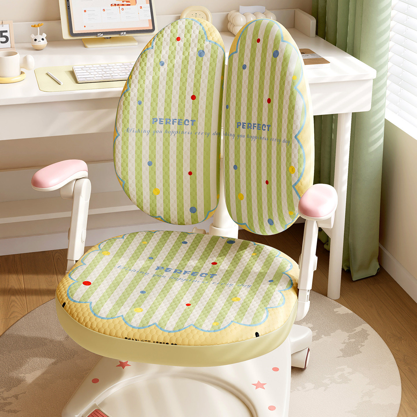 奶油风夏季冰丝儿童学习椅套2025新款凉感舒适学生双背写字椅套罩