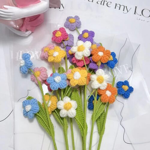 成品手工编织毛线泡芙花仿真花梅花三弄花束搭配向日葵教师节礼物