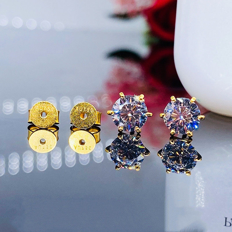 18K玫瑰金进口莫桑石经典六爪耳钉女D色过钻笔超闪钻石耳骨钉情侣