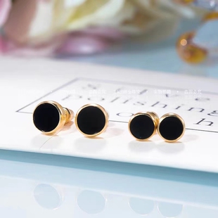 AU750纯18K黄金黑玛瑙圆钻耳钉韩式甜美小众设计感女款气质轻奢潮