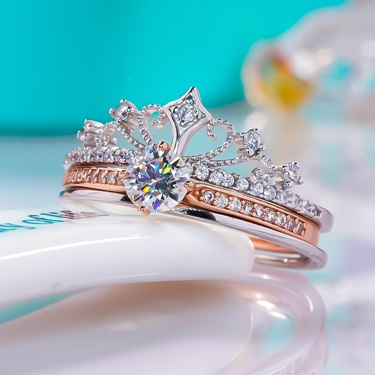 18K金进口莫桑石城堡烟花双层叠带戒指玫瑰金二合一在逃公主钻戒