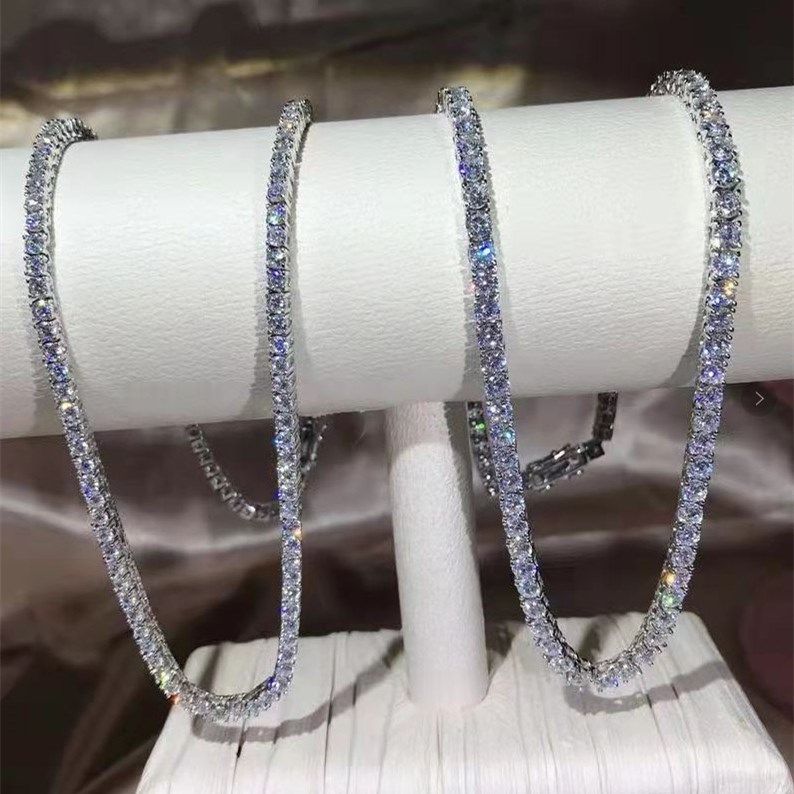 纯18K白金进口莫桑石单排钻项链AU750简约豪迈男女款满钻锁骨链潮