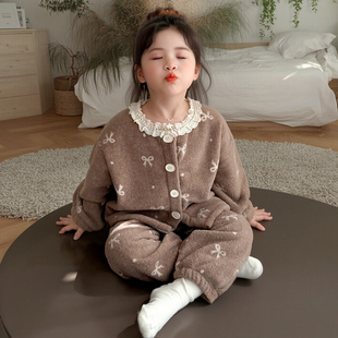 女童保暖睡衣蕾丝花边领套装儿童宝宝冬季洋气两件套雪粒绒家居服