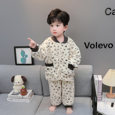 儿童睡衣2025新款秋冬男童珊瑚绒双层加厚宝宝洋气豹纹家居服套装