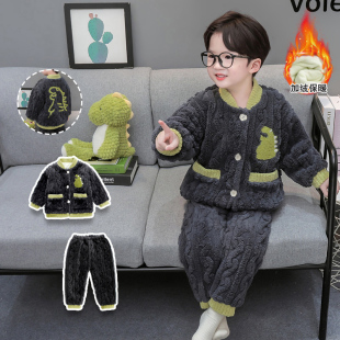 男童睡衣秋冬季女孩双层加厚珊瑚绒恐龙套装宝宝法兰绒儿童家居服