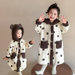 女童睡袍秋冬款法兰绒2025新款女宝宝冬季半边绒小童儿童冬装睡衣