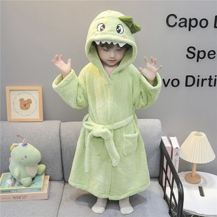 男孩秋冬睡衣珊瑚绒2025连帽睡裙男童斗篷可穿式浴巾吸水速干睡袍