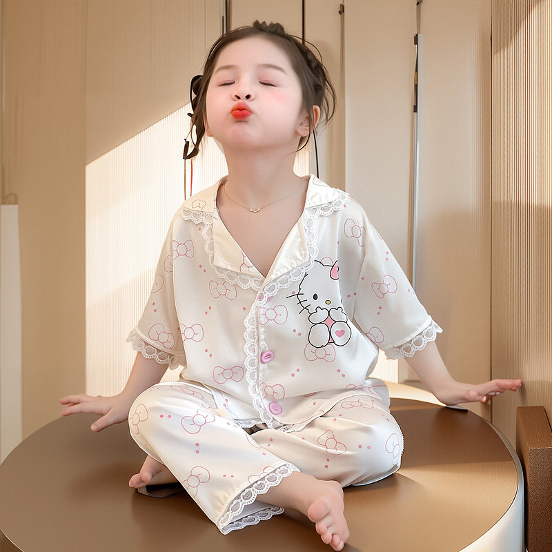 女童夏季短袖薄款2026冰丝透气睡衣儿童公主小猫咪可爱吸汗家居服