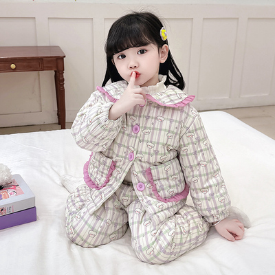 女童三层夹棉睡衣秋冬款2025新款女孩宝宝卡通冬季加厚儿童家居服