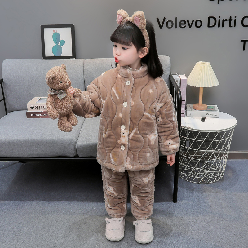 女童珊瑚绒睡衣2025新款秋冬儿童冬季加厚加绒宝宝三层夹棉家居服