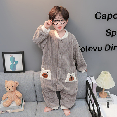 男童睡袋儿童连体睡衣秋冬季法兰绒防踢婴儿宝宝加厚珊瑚绒家居服