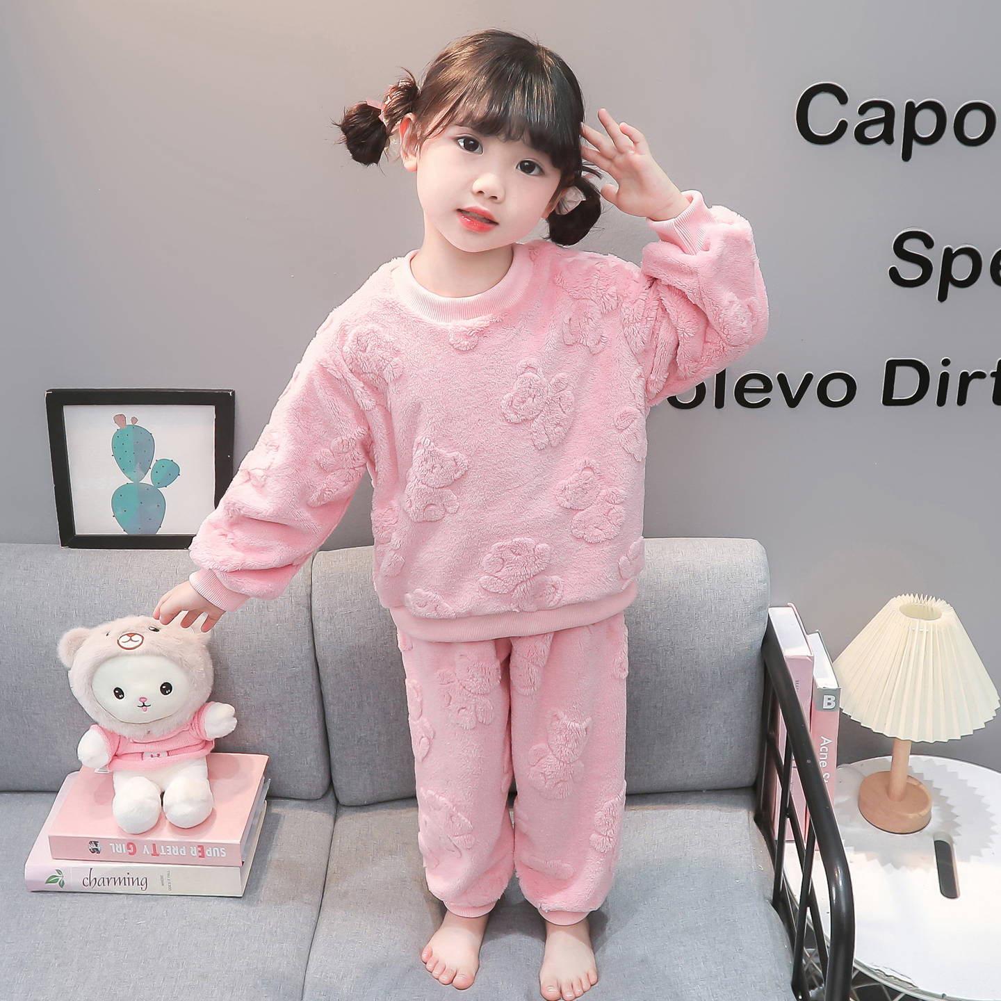 女童珊瑚绒加厚保暖家居服套装