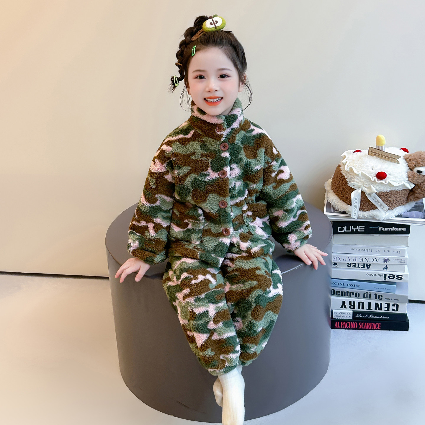 女童迷彩珊瑚绒睡衣秋冬薄款宝宝小女孩高领保暖法兰绒家居服套装