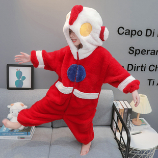 男童珊瑚绒家居服套装2025春秋冬款加绒厚儿童奥特曼睡衣连体宝宝