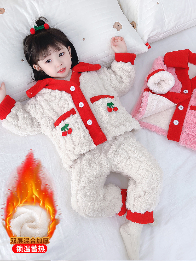 女童法兰绒睡衣套装秋冬款复合双层加厚冬季宝宝珊瑚绒儿童家居服