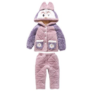 女童夹棉睡衣冬季加厚款三层中长款卡通中小童女孩儿童家居服套装