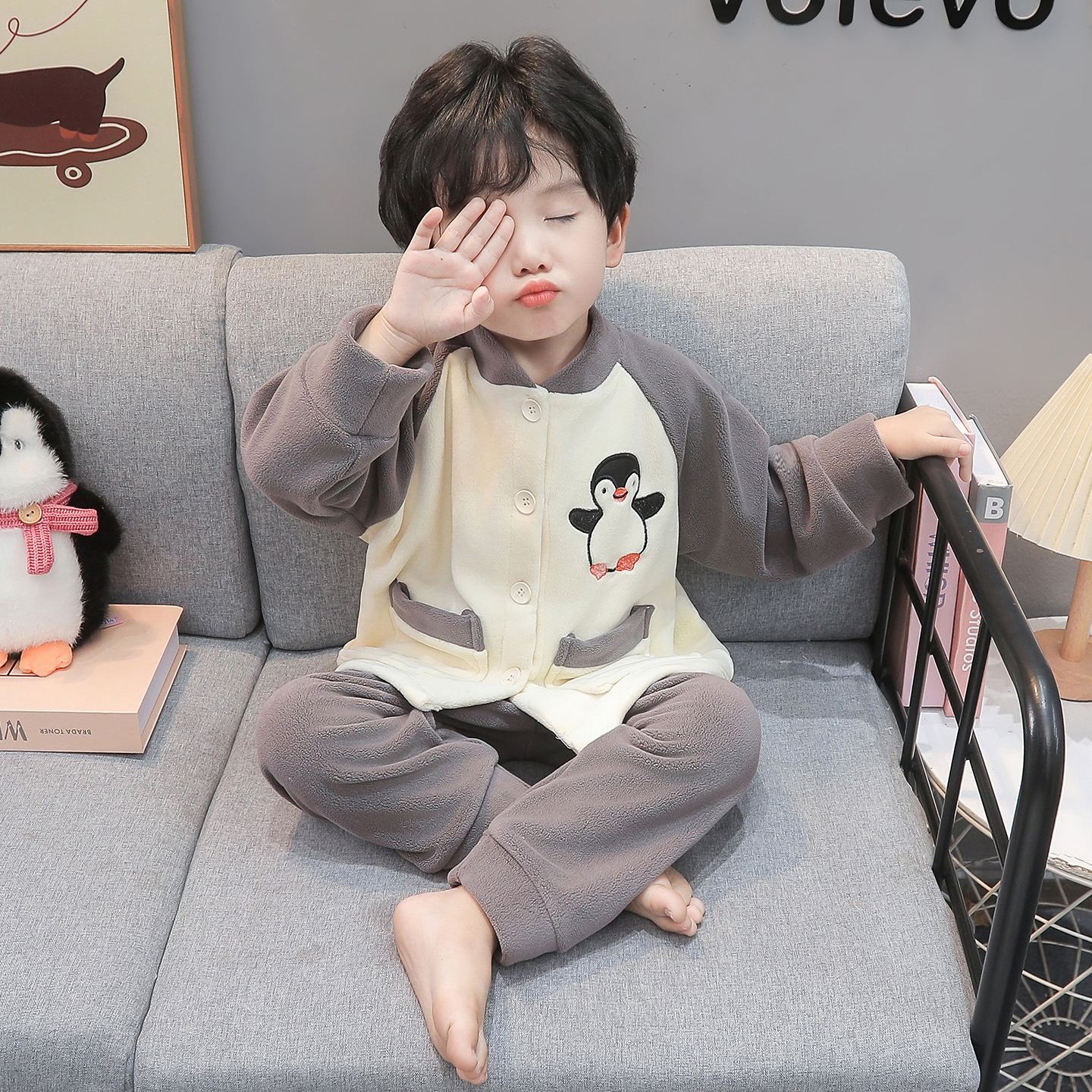 儿童奥粒绒开衫立领家居服套装