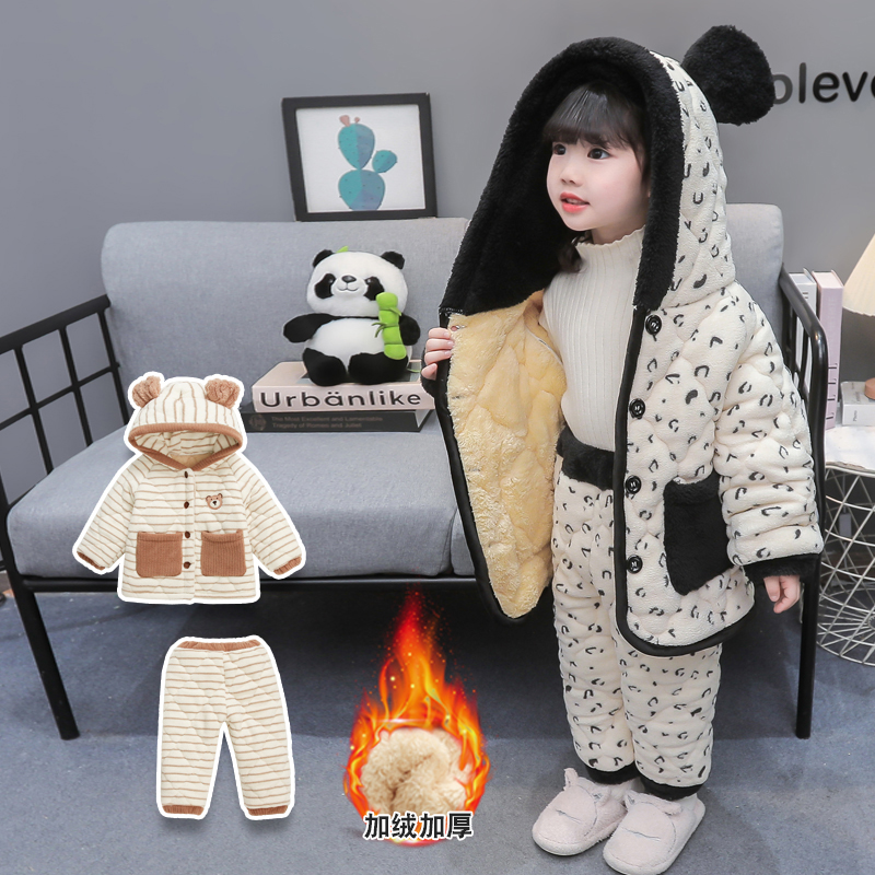 冬季儿童睡衣加厚款珊瑚绒加绒三层夹棉男孩女孩法兰绒家居服套装