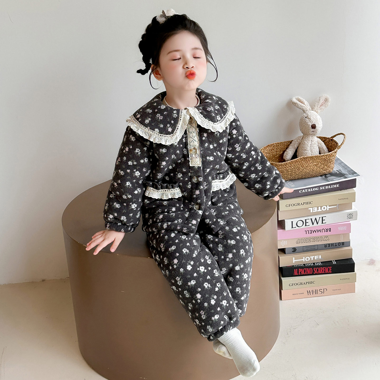 女童碎花睡衣加绒保暖家居服套装