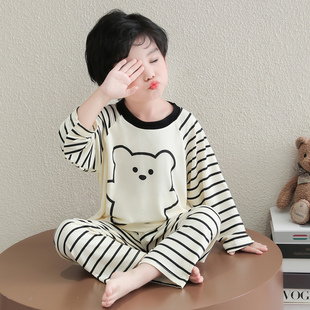 卡通男孩家居服 套装 儿童睡衣春秋款 男童莫代尔拼色条纹小熊长袖