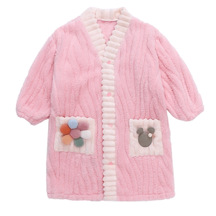 女童睡袍儿童珊瑚绒睡衣长款秋冬婴儿法兰绒睡裙宝宝浴袍冬季加厚