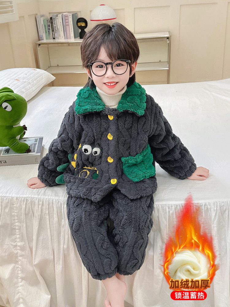 儿童睡衣秋冬男童法兰绒加绒加厚中小童男宝冬季珊瑚绒家居服套装