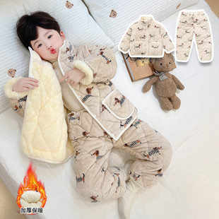 儿童睡衣冬季加绒加厚男童女童三层夹棉宝宝冬款珊瑚绒家居服套装