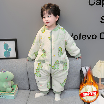 儿童连体睡衣冬珊瑚绒男宝宝三层夹棉男孩冬款法兰绒男童连身睡袋