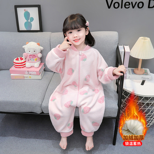 女童连体睡衣法兰绒秋冬季双层加厚儿童珊瑚绒防踢被婴儿宝宝睡袋