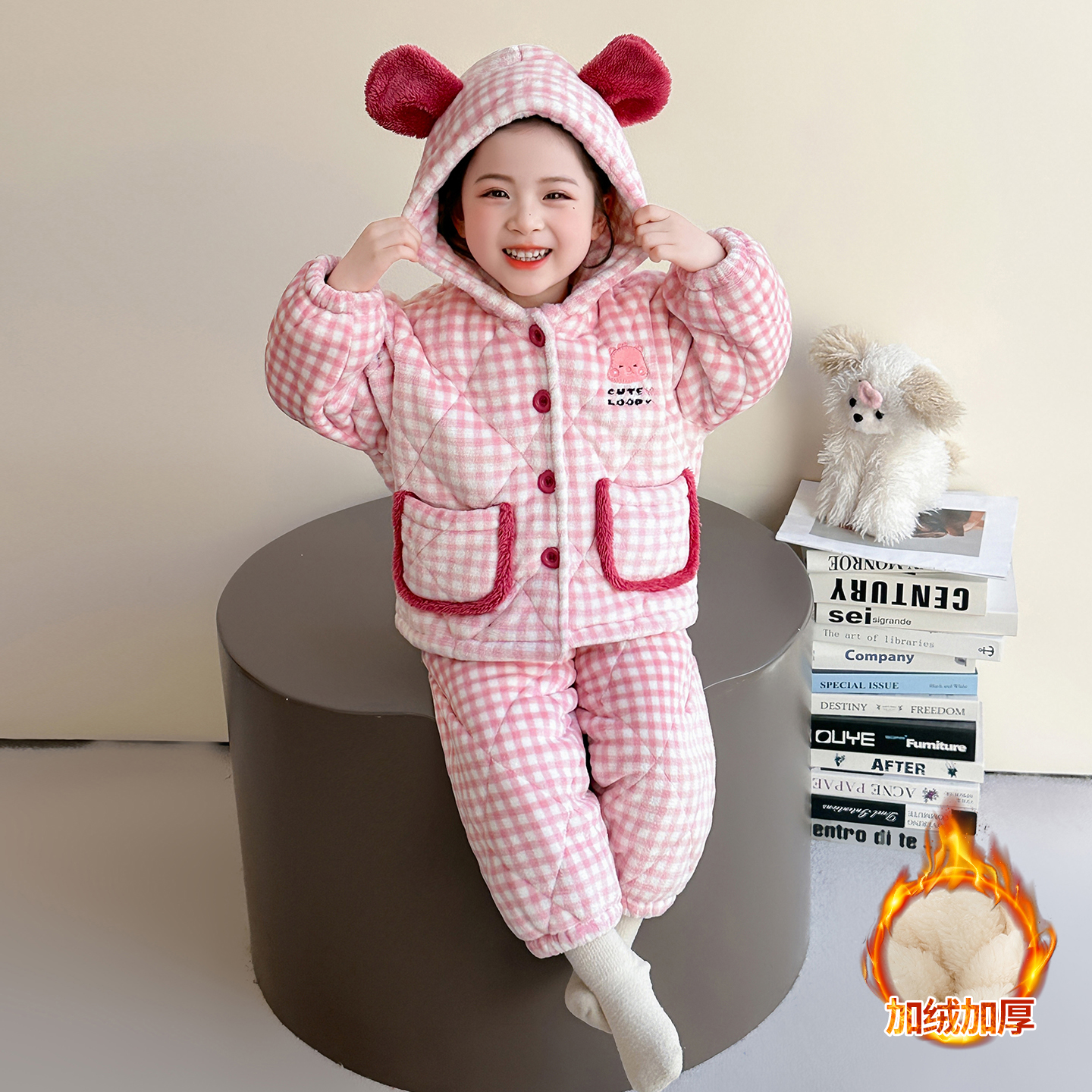 儿童睡衣三层夹棉加厚冬款女孩珊瑚绒可外穿棉衣服套装女童家居服