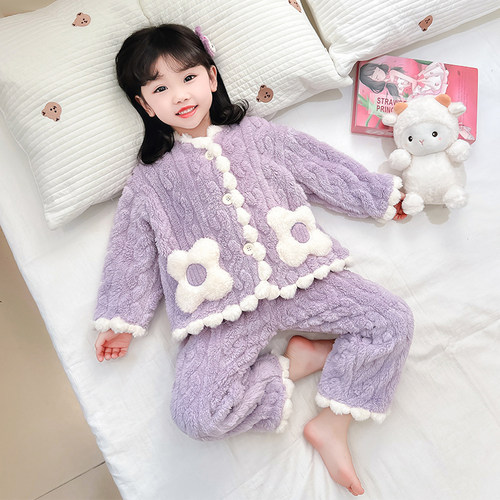 法兰绒套装儿童小花朵家居服