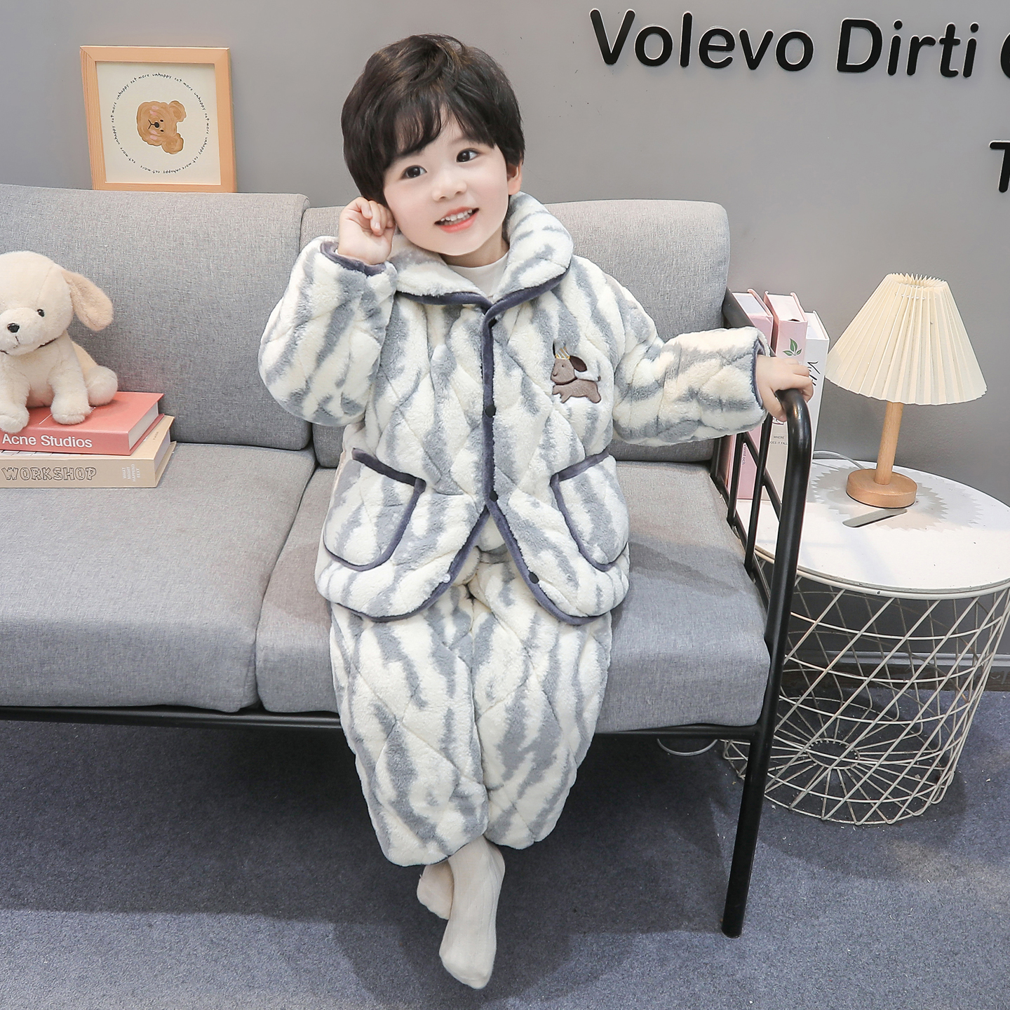 儿童睡衣男童冬款三层夹棉加厚