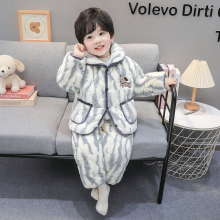 儿童睡衣男童冬款三层夹棉加厚珊瑚绒可爱翻领套装冬季男宝家居服