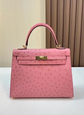 kelly25cm Ostrich kk 鸵鸟皮泡泡粉 金扣  纯手缝 私人订制包包