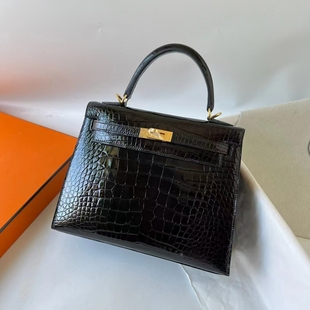 Alligator 黑色 shiny ck89 金扣手缝 亮面鳄鱼皮 Kelly25cm